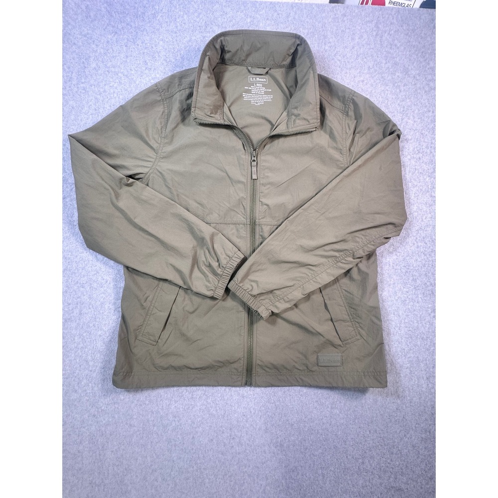 LL Bean Mens Windbreaker Jacket Olive Green Full Zip Nylon L Reg 521506